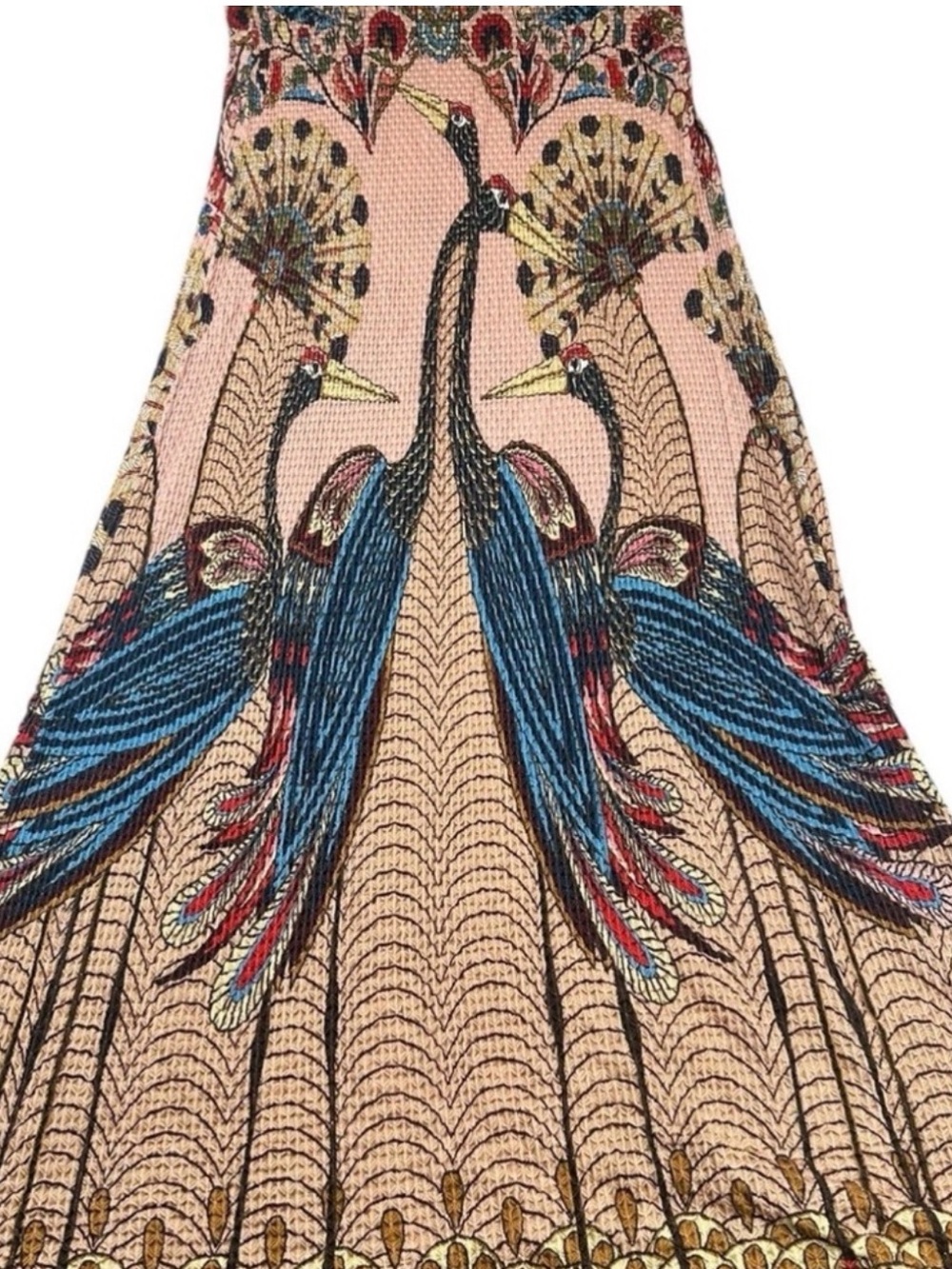 Anthropologie Peach Maxi Skirt with Blue & Red Peacock Print - Picture 5 of 14